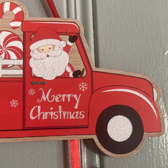 NWT Wooden Glitter Merry Christmas Santa Truck Candy Cane Lane➡️ Decoration Sign - Picture 3 of 12